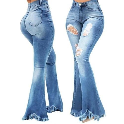 High Waist Broken Hole Tassel Flare Jean