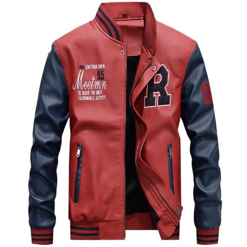 Men's Jacket Faux Leather Casual Bomber Jacket - Red