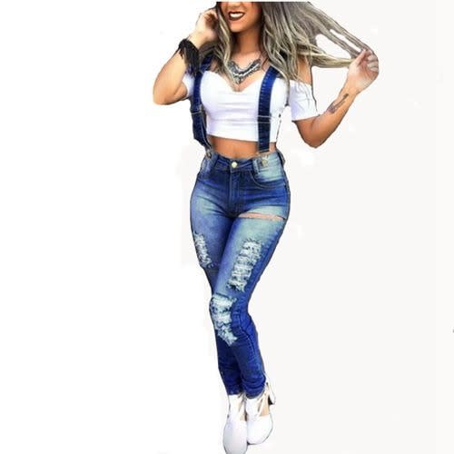 Ladies Dungaree Overall Ripped Casual Jeans