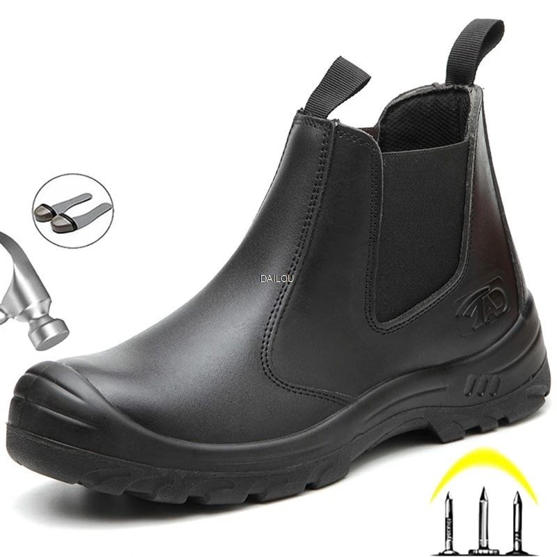 Work Safety Shoes Genuine Leather Chelsea Boots Men Steel Toe Cap Work Shoes