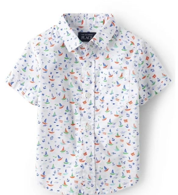 Toddler Boy's Short Sleeve Sailboat Poplin Button Up  Wooven Shirt - White