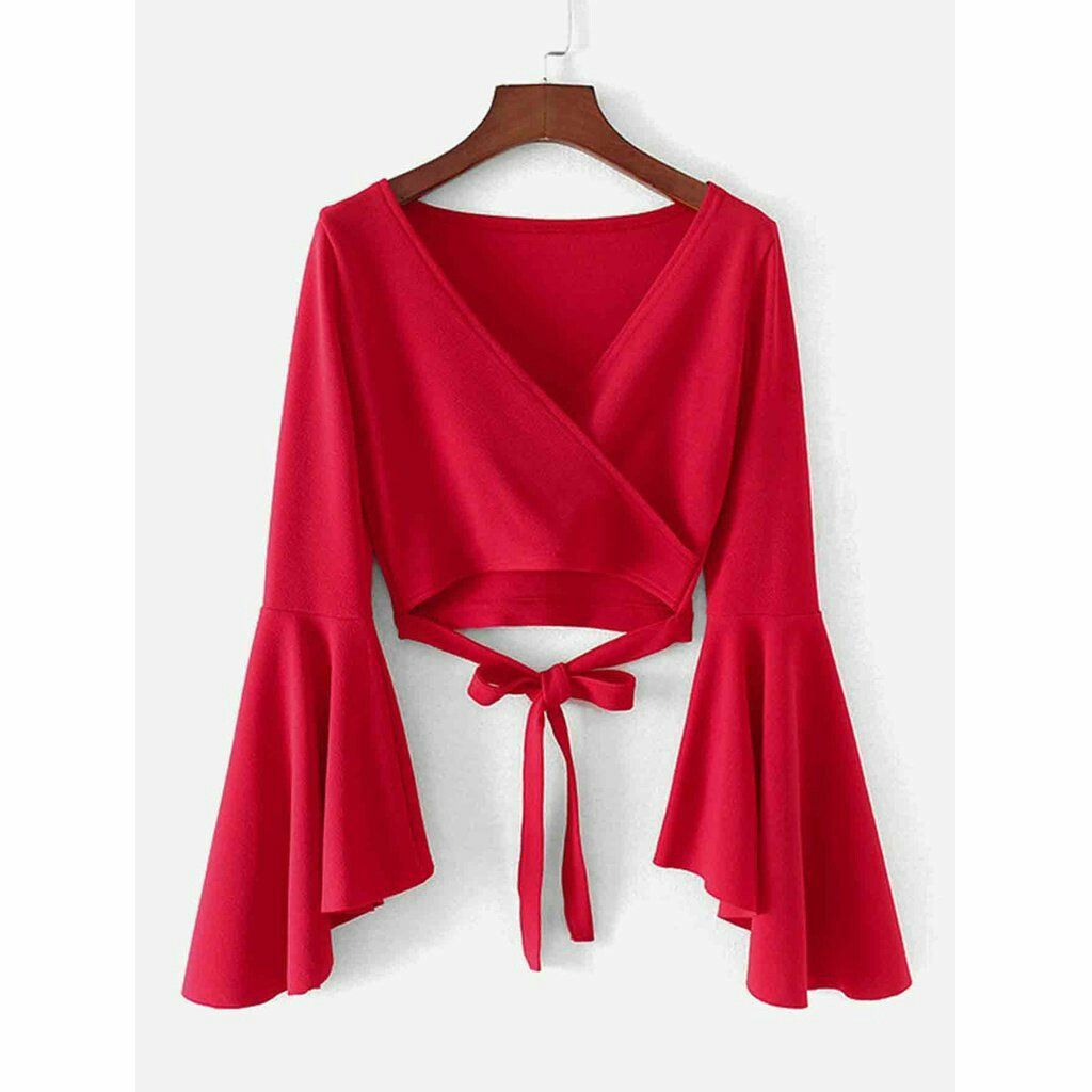 Red Surplice Ladies Crop Top With Bell Sleeves