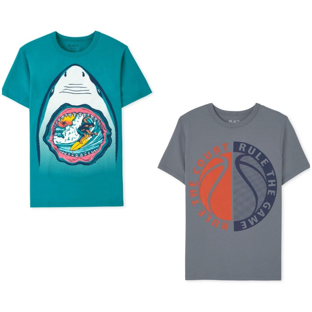 Boys Skating Shark Rule The Game Graphic Tshirt - Teal Blue Grey