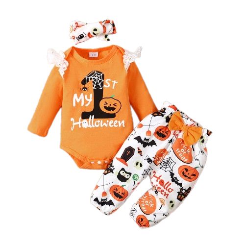 Newborn Baby Girl Halloween Bodysuit+Pumpkin Pants+Headwear