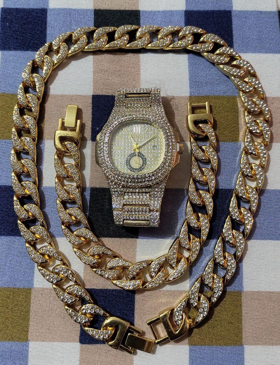 Watch /Cuban Chain / Bracelet ( Iced Out 3-In-1 Silver )