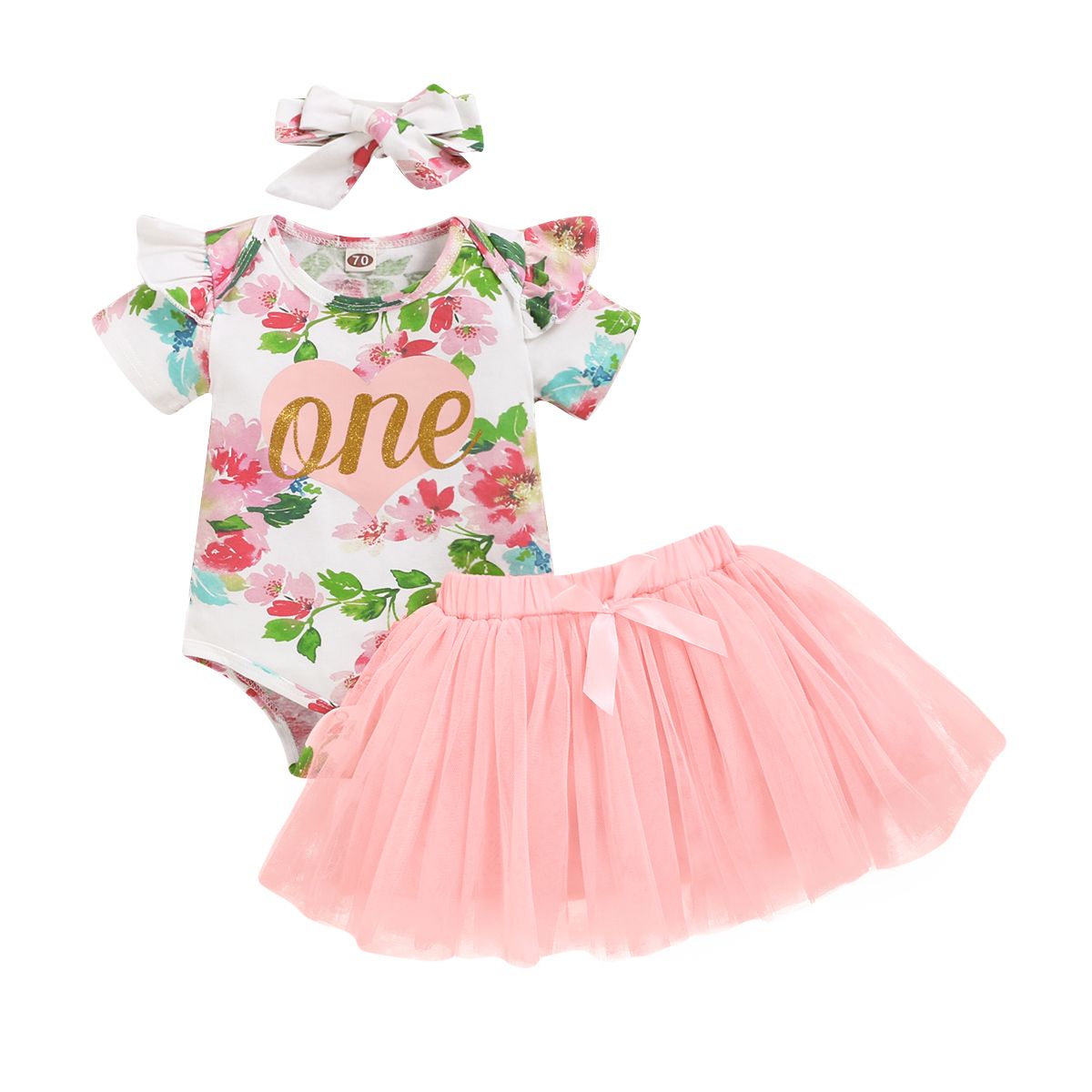 Baby Girls Dress ONE Print Floral Short Sleeve Bodysuit + Tutu Dress + Headband -Pink