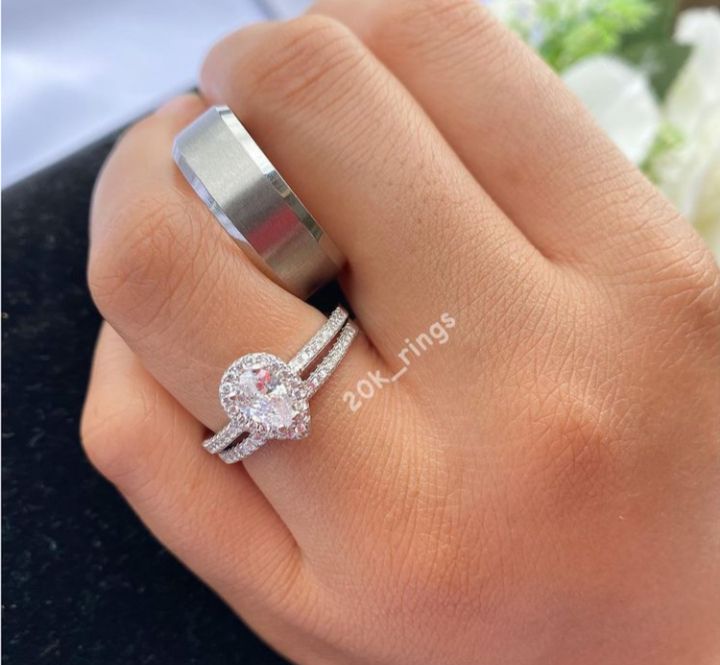 L925 Silver Wedding Ring Set With Titanium Look Male Band