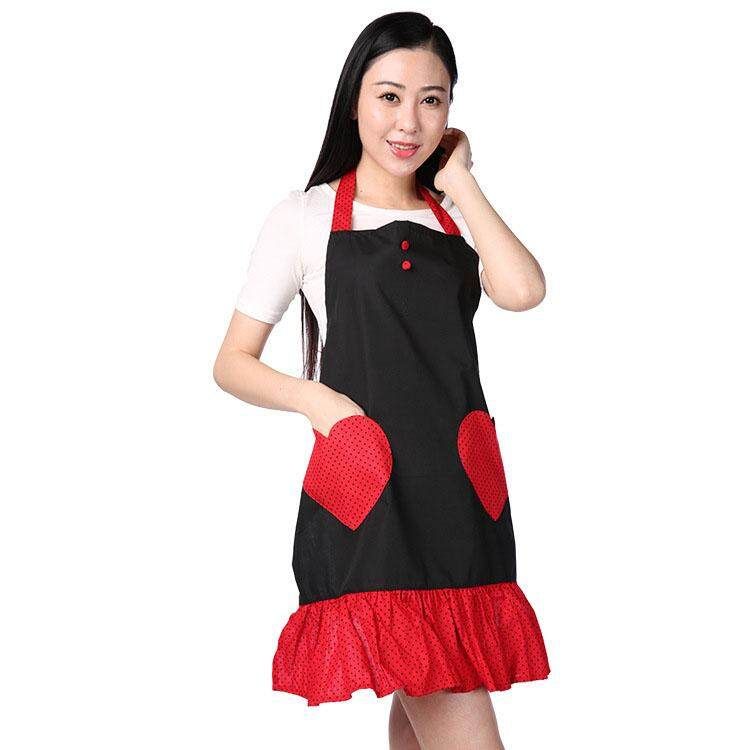 High Quality Cute Double Love Pocket Aprons Women Housewife Waiter Kitchen Cook New Tool Kitchen Waterproof Aprons
