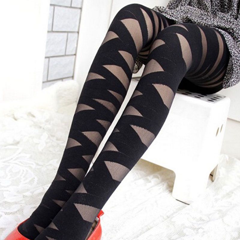 Women Goth Rocker Cross Bandage Straps Lady Stocking Tights Hollow Tights Stockings High Elastic Vintage Design Black