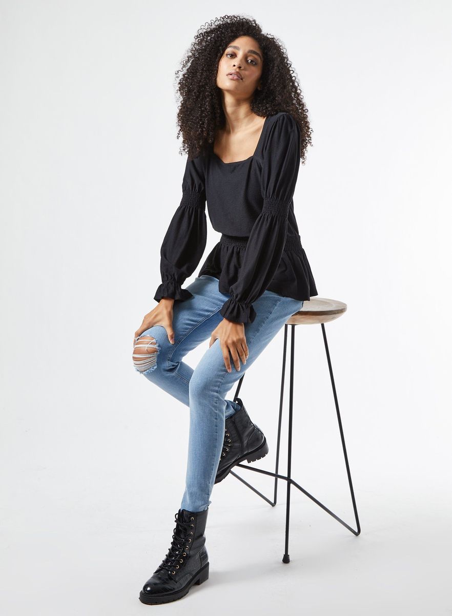 Textured Square Neck Black Top