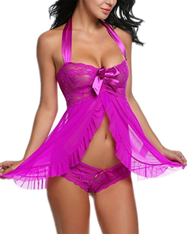 Women Bow Tie Lace Sexy Lingerie Night Sleepwear Suit-Purple