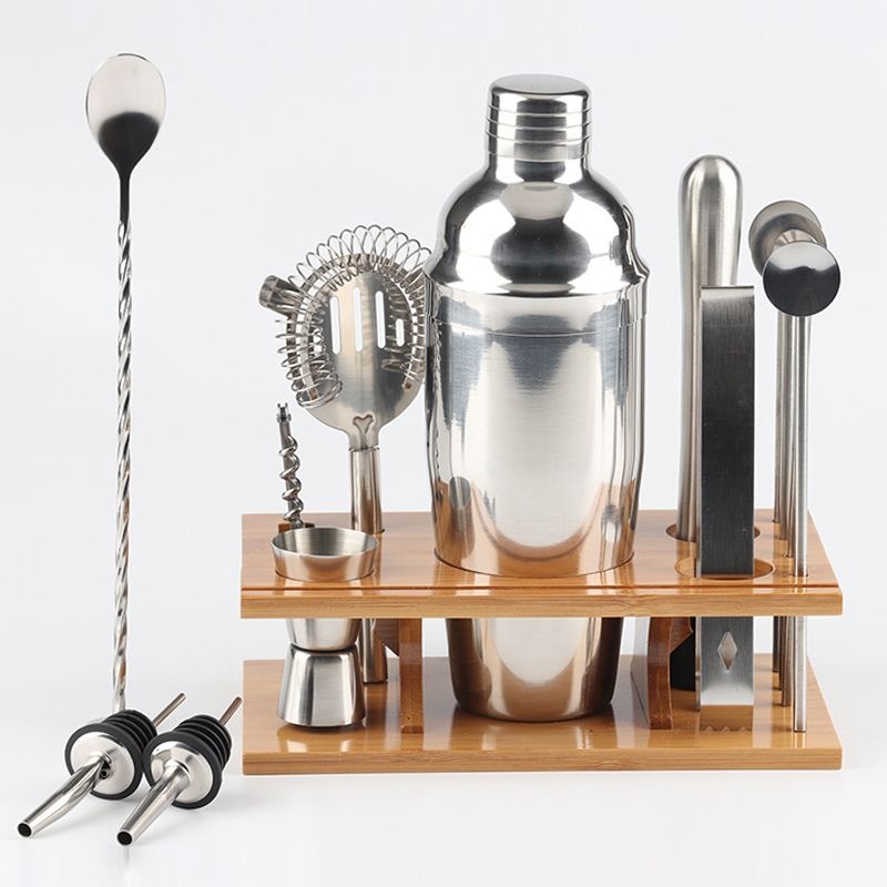 14 In 1 Stainless Steel Cocktail Shaker Tools Set With Bamboo Mount, Capacity: 750ml