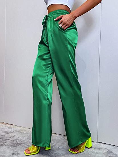Green  Luxury Turkey Shiny Silk Trouser Dress Women's Elastic Waist Wide Leg Palazzo  Pants