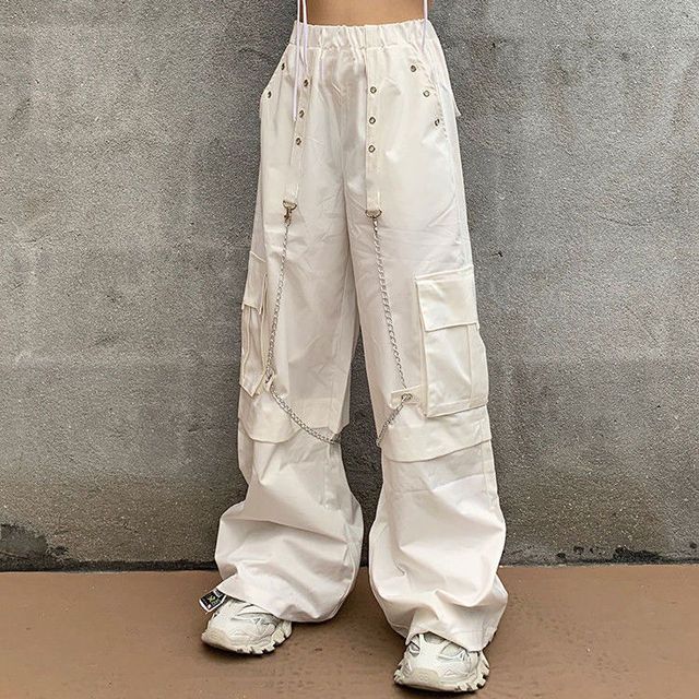 Qweek Harajuku Gothic White Cargo Pants With Chain Women Mall Goth Hot Pants