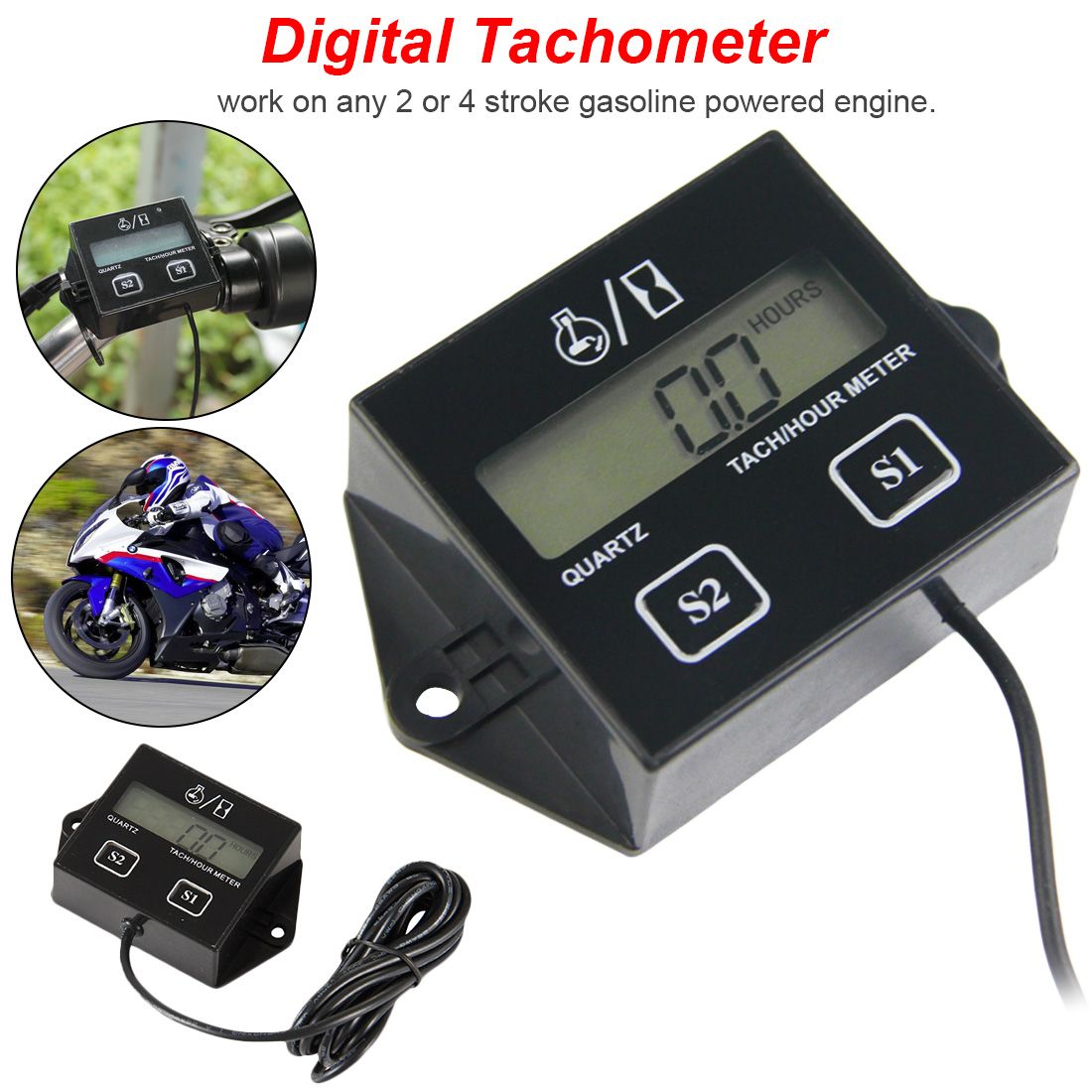 LCD Display Digital Tachometer Hour Meter Spark Plugs 2&4 Stroke Engine RPM Tacho Tac