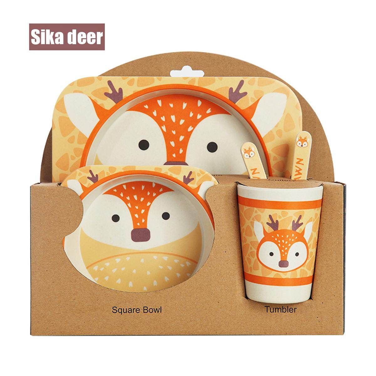 5 Set Bamboo Fiber Baby Plate Bowl Cup Forks Spoon Kids Food Feeding Tableware Sika Deer