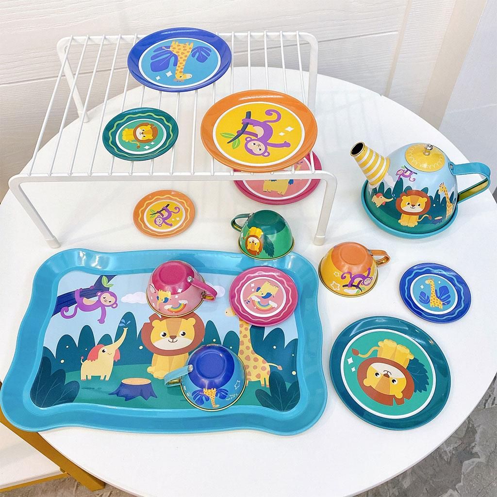 Tinplate Toys Tea Set Tea Time Toy Set For Kids Gift 14Pcs Animals Set