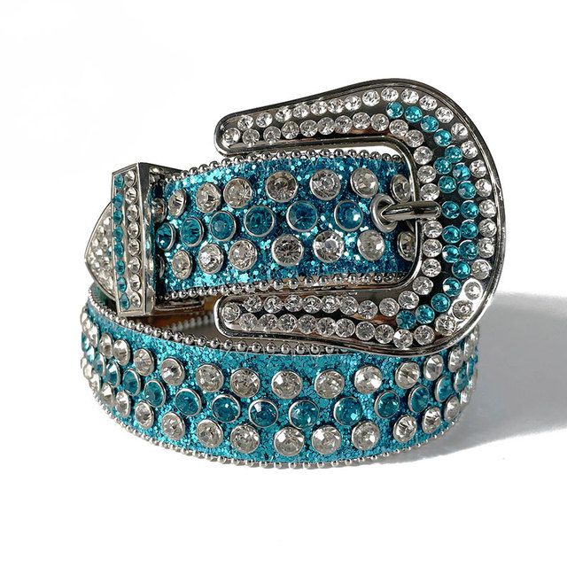 Strap Diamond Belt Western Crystal Studded Belt Cowgirl Cowboy Rhinestone Belt For Women Men Jean Cinto De Strass(#Lake Blue)