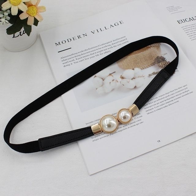 Creative Pearl Buckle Belt PU Leather Dress Skirt Waist Elastic Thin Women Belts Ladies Waistband(#Black)