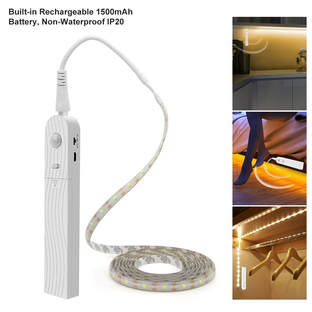 Motion Sensor LED Under Cabinet Light Strip 1M 2M 3M 5M Waterproof 5V USB Tape Kitchen Night Closet Lamp For Bed Stair Wardrobe-3m-Rechargeble IP20