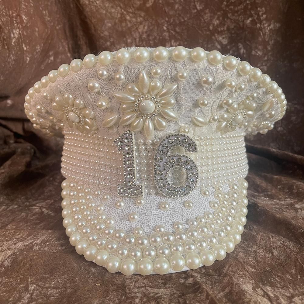 Women Wedding Hen Do Bride Hat White  Hat Queen Sergeant Captain Hat Luxury Pearl Festival Birthday Part Hat
