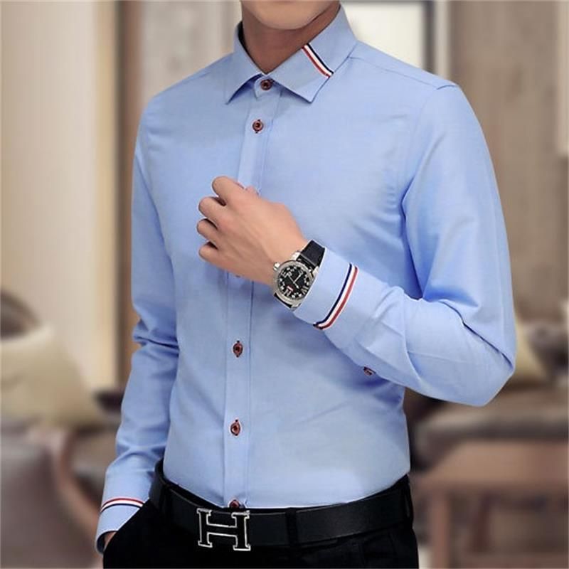 （Sky Blue）Men's Dress Shirts Long Sleeve Solid Slim Fit Casual T-shirts No Ing