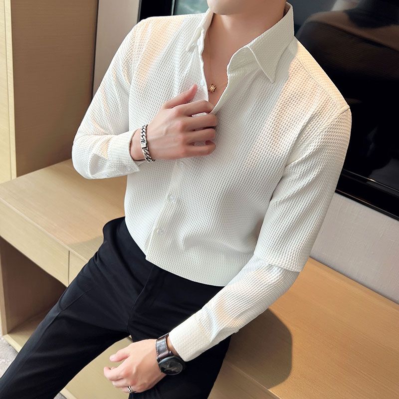（）Fashion Waffle Fabric Solid Shirts Mens Long Sleeve Business Slim Fit Lapel