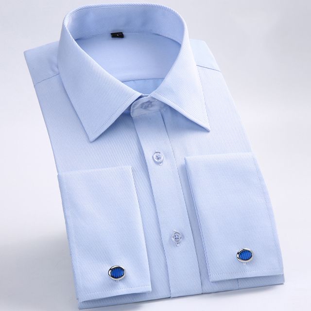 （Light Blue）Men's Classic French Cuffs Striped Dress Shirt Single Patch Pocket