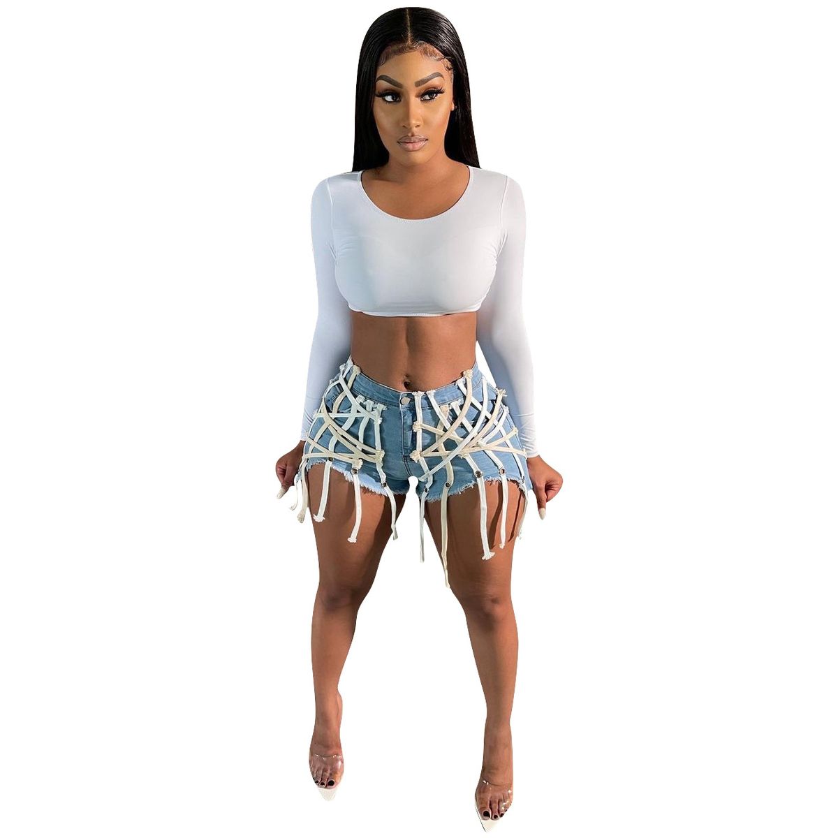 (Blue)Fashion Girls Denim Shorts Summer 2021 Hottest Sale Zipper Hollow Out Bandage String Tassels High Waist Casual Jeans Street Wear DOU