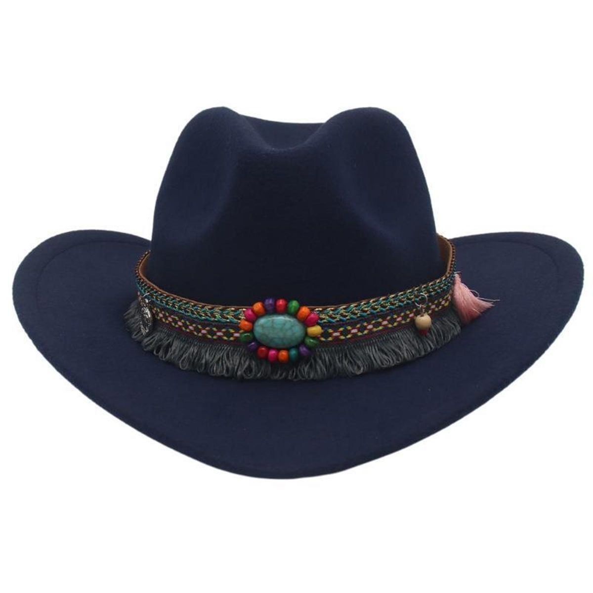 Men Women Fedora Hat Ethnic Style Beaded Fedora Hat Woolen Top for Men Navy Blue