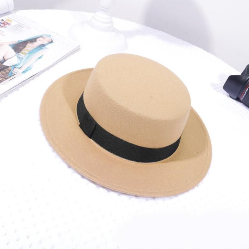 khaki 1 Elegant Women's Hat With Bibbon Band Autumn Flat Top Wide Brim Felt Lady Fedoras Classic Church Wedding Travel British Jazz Cap