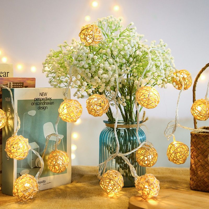 Rattan Ball Gard LED String Patio Lights Christmas Night Lamp Chain Fairy Garden Holiday Wedding New Year Outdoor Decoration--White--3M20LED