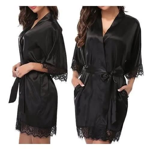 Womens Silk Robe - Black
