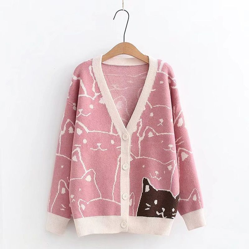 Harajuku Kawaii Cartoon V Neck Cardigan Women Cute Cat Vintage-Pink Sweater