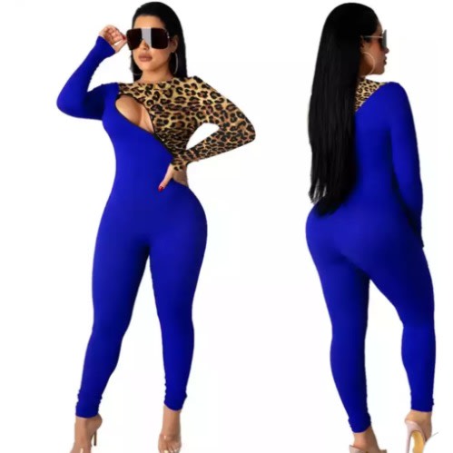 Leopard Print Patch Work Long Sleeve Jumpsuit Blue