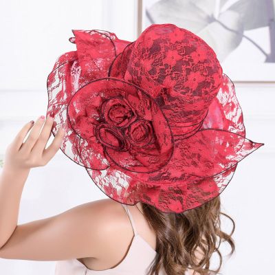 （wine Red）Ymsaid Summer Women Lace Church Hat With Flower Foldable Wide Brim Cap Wedding Party  RA