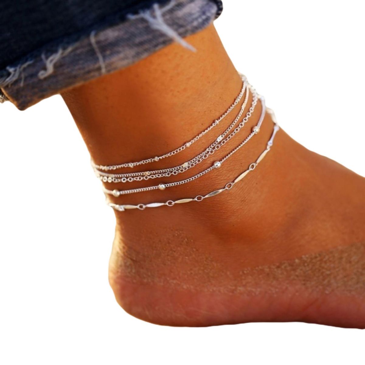 5Pcs/Set Women Beads Charm Chain Anklet Ankle-Silver