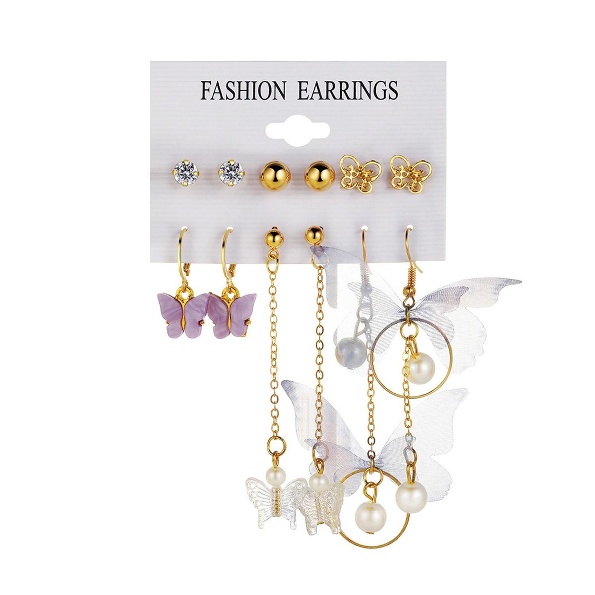 6 Pairs Stud Earrings Ladies Fashion Butterfly Faux Pearl Dangle Earrings Golden