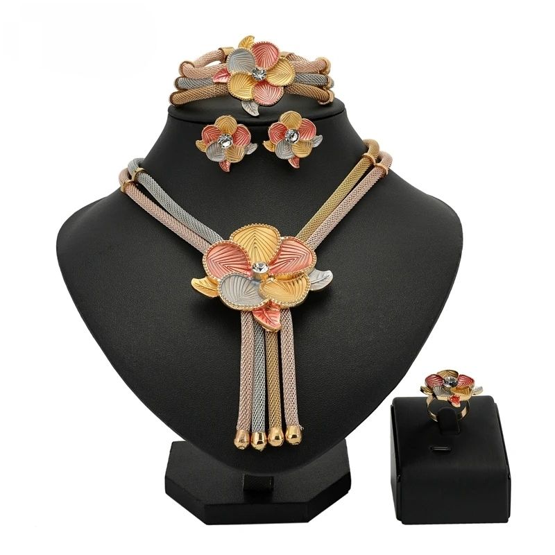 Women Dubai Gold Three Tone Necklace Earrings Bracelet Ring Jewelry Sets Wedding Bridal Accessories Costume Jewelry