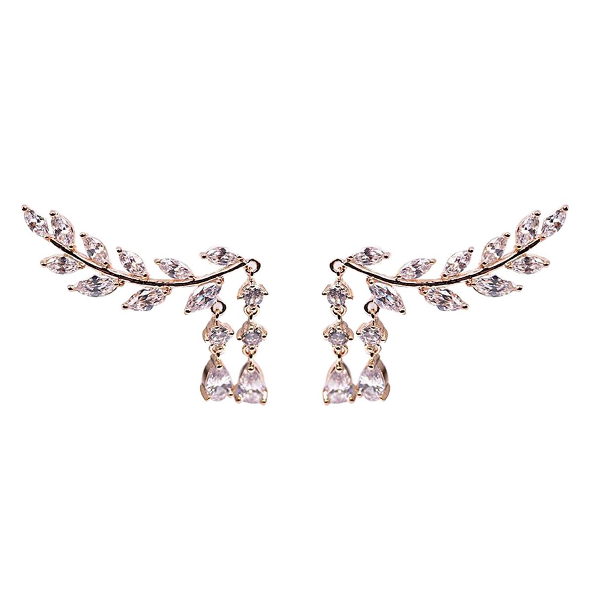 1 Pair Women Leaves Shape Rhinestone Inlaid Water-drop Tassels Earrings Ear Studs Jewelry For Party-Golden