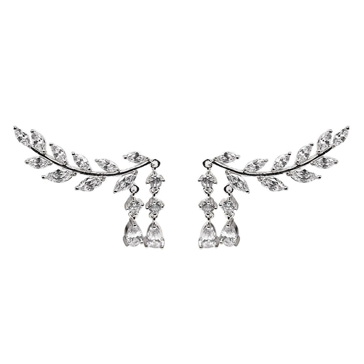 1 Pair Women Leaves Shape Rhinestone Inlaid Water-drop Tassels Earrings Ear Studs Jewelry For Party-Silver