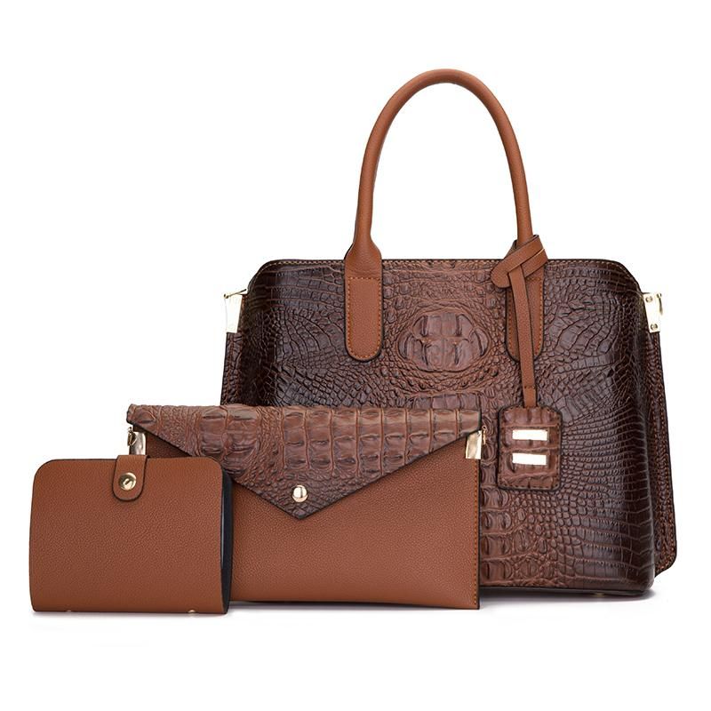 3 In 1 Ladies Croc Leather Bag - Brown