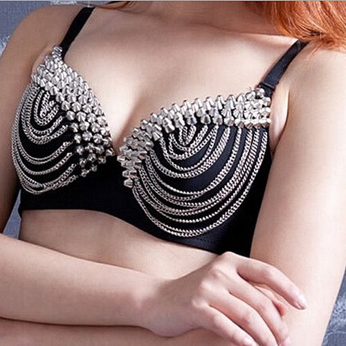 Women Sexy Party Nightclub Fashion New Punk Lady Goth Silver Studded Bra