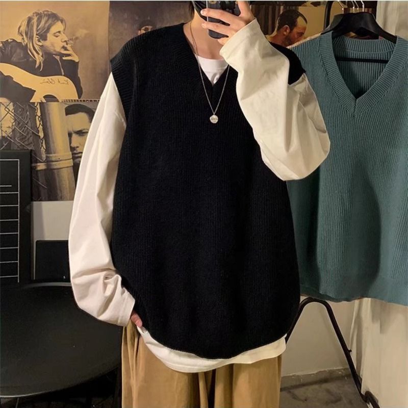 Men Golf Sleeveless Sweater Solid Fashion Loose Vest Sports Shirt-Black