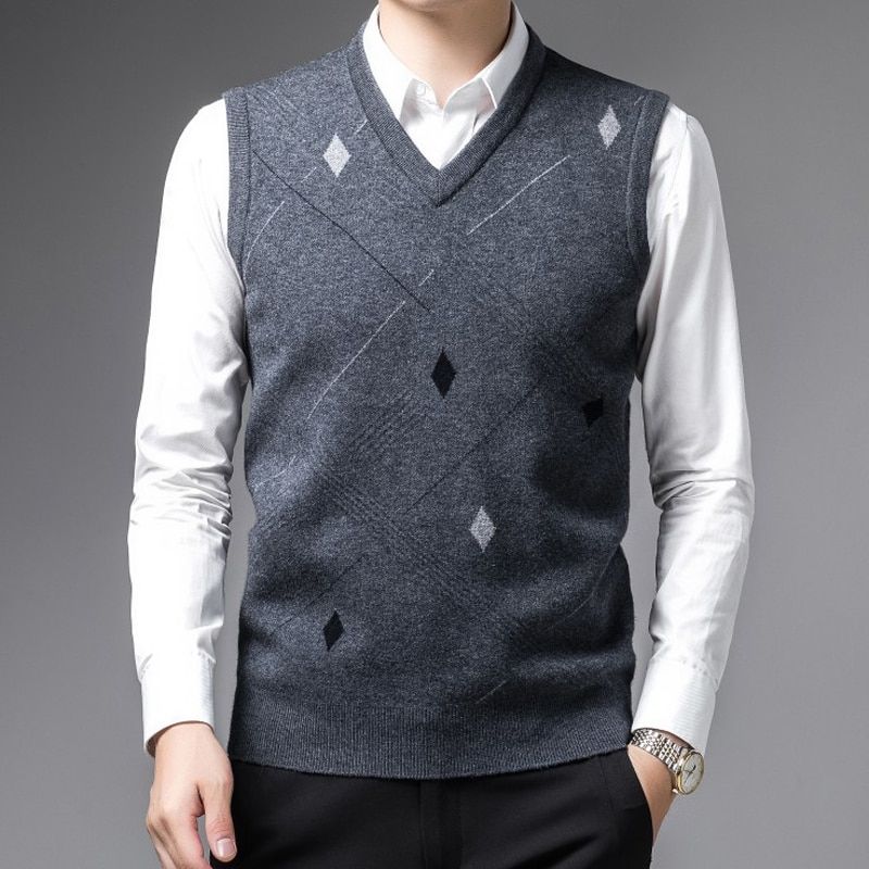 Men Wool Sweater Knit Tank Sleeveless Jumpers V Neck Basic For Autumn-Gray