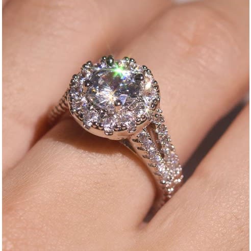 Pure Silver Diamond Engagement/wedding Ring In Blue Case