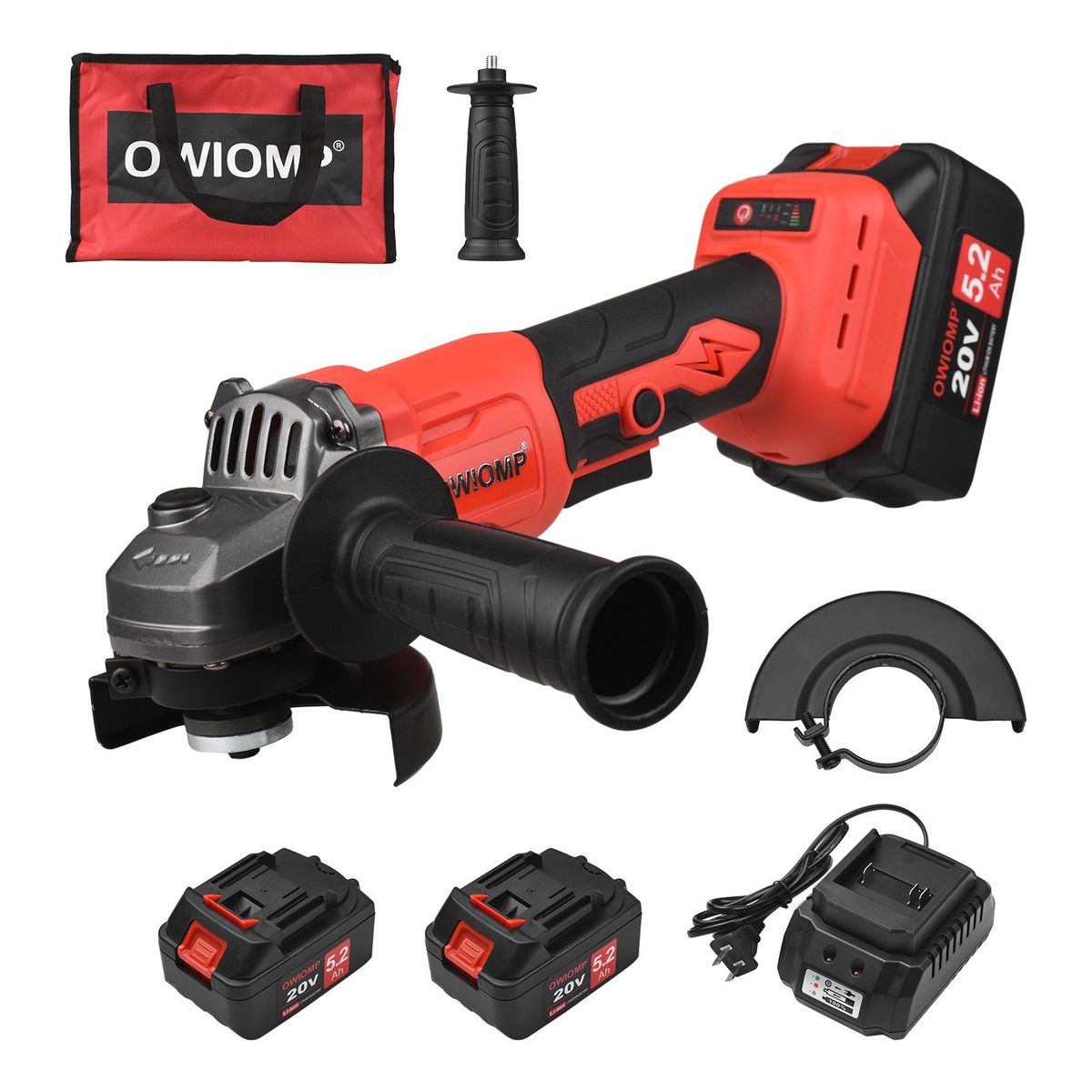 20V Cordless Angle Grinder Electric Angle Grinder Tool 100mm 10000RPM Brushless Motor 2-Position Adjustable Auxiliary Handle Storage Bag Handheld Electric Grinder