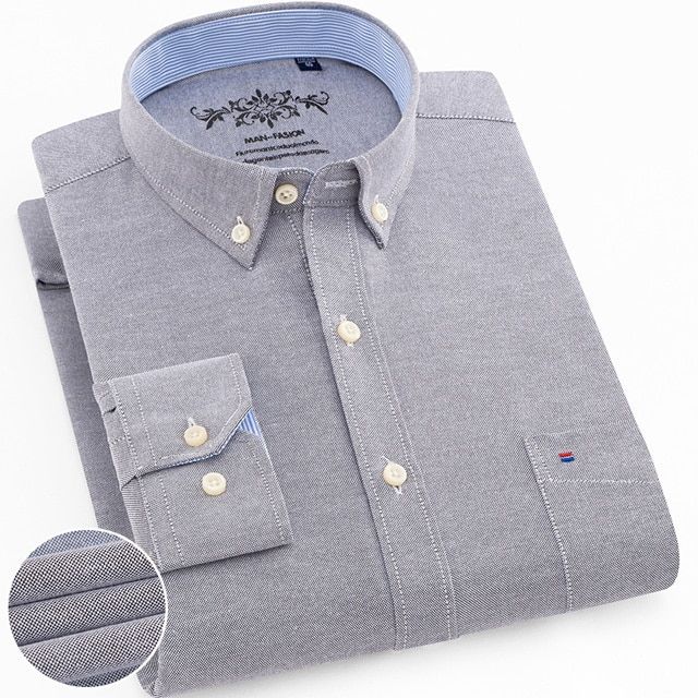 Men's Regular-Fit Long-Sleeve Sturdy Knit Oxford Shirt Embroidered Pocket Button-down Casual Versatile Shirts Gray