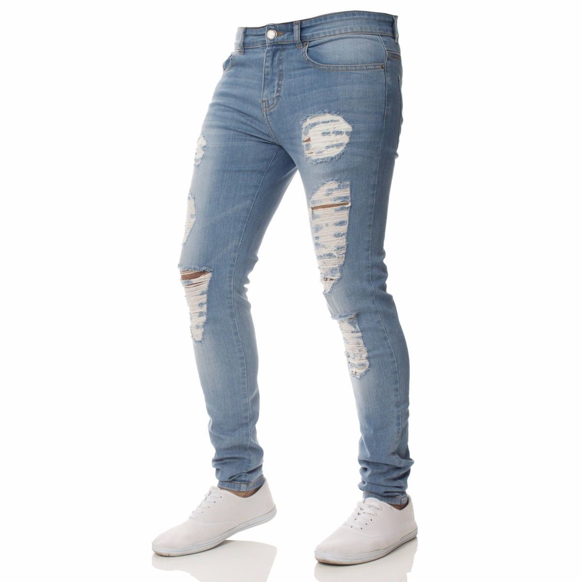 Men's Handsome Jeans Personality Ripped Slim Pants - Light Blue