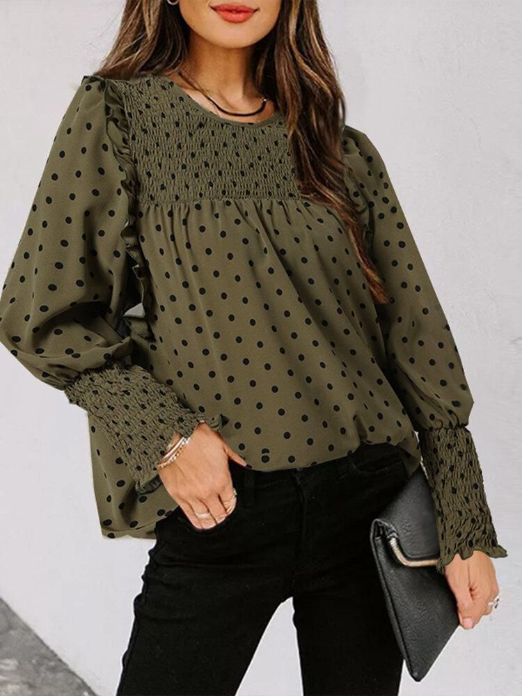 Polka Dot Print Long Sleeve O-neck Pleated Blouse